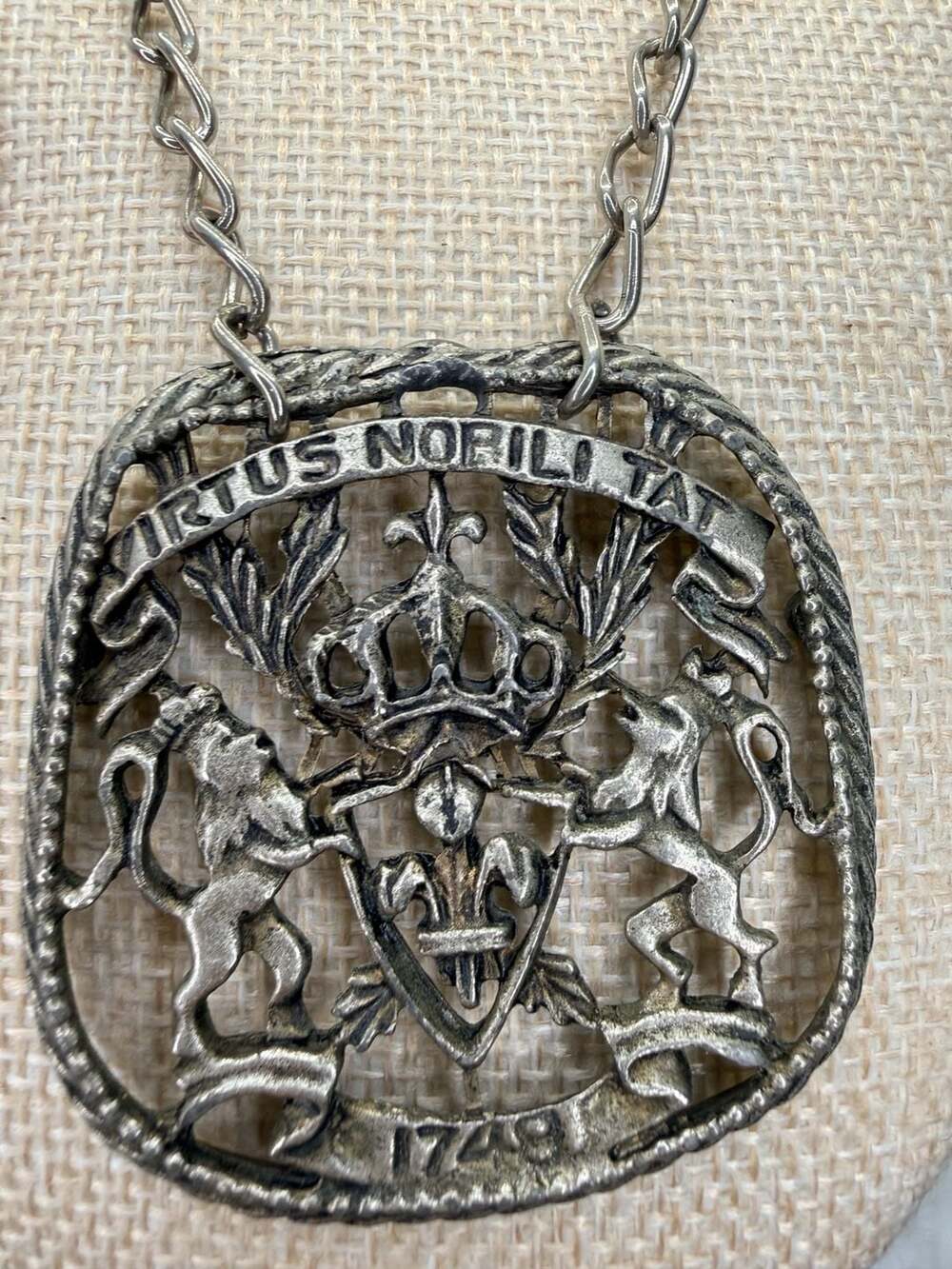Vintage 1748 Virtus Nobilitas Coat Of Arms Pendant Necklace